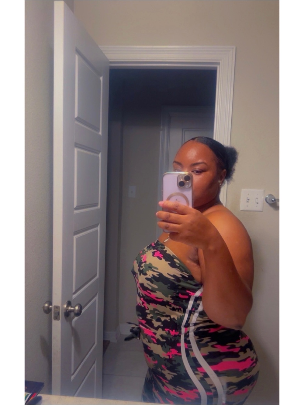 Camo Strapless Bodycon Dress with Pink Accents